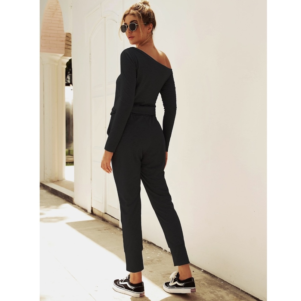 Off Shoulder Contrast Drawstring Black Jumpsuit - Picture 4 of 16